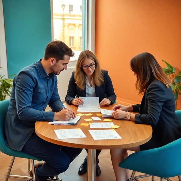 Equipo revisando flujos editoriales impresos sobre una mesa
