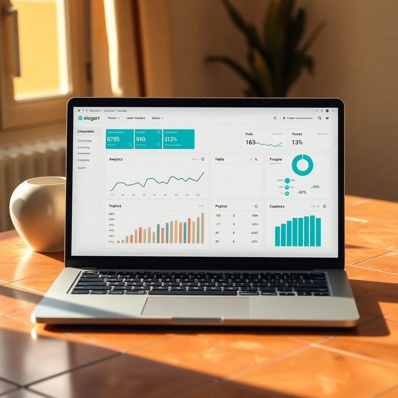 Portátil con dashboard de analítica en un escritorio minimalista